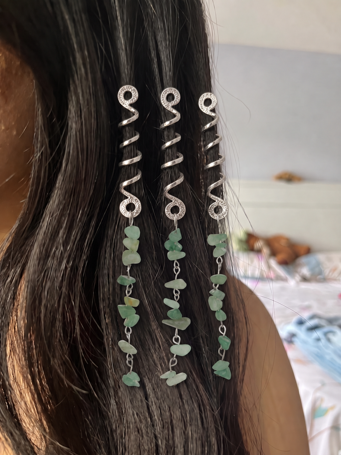 Long Spiral Mint Stone Chip Hair Braidlet | Stylika