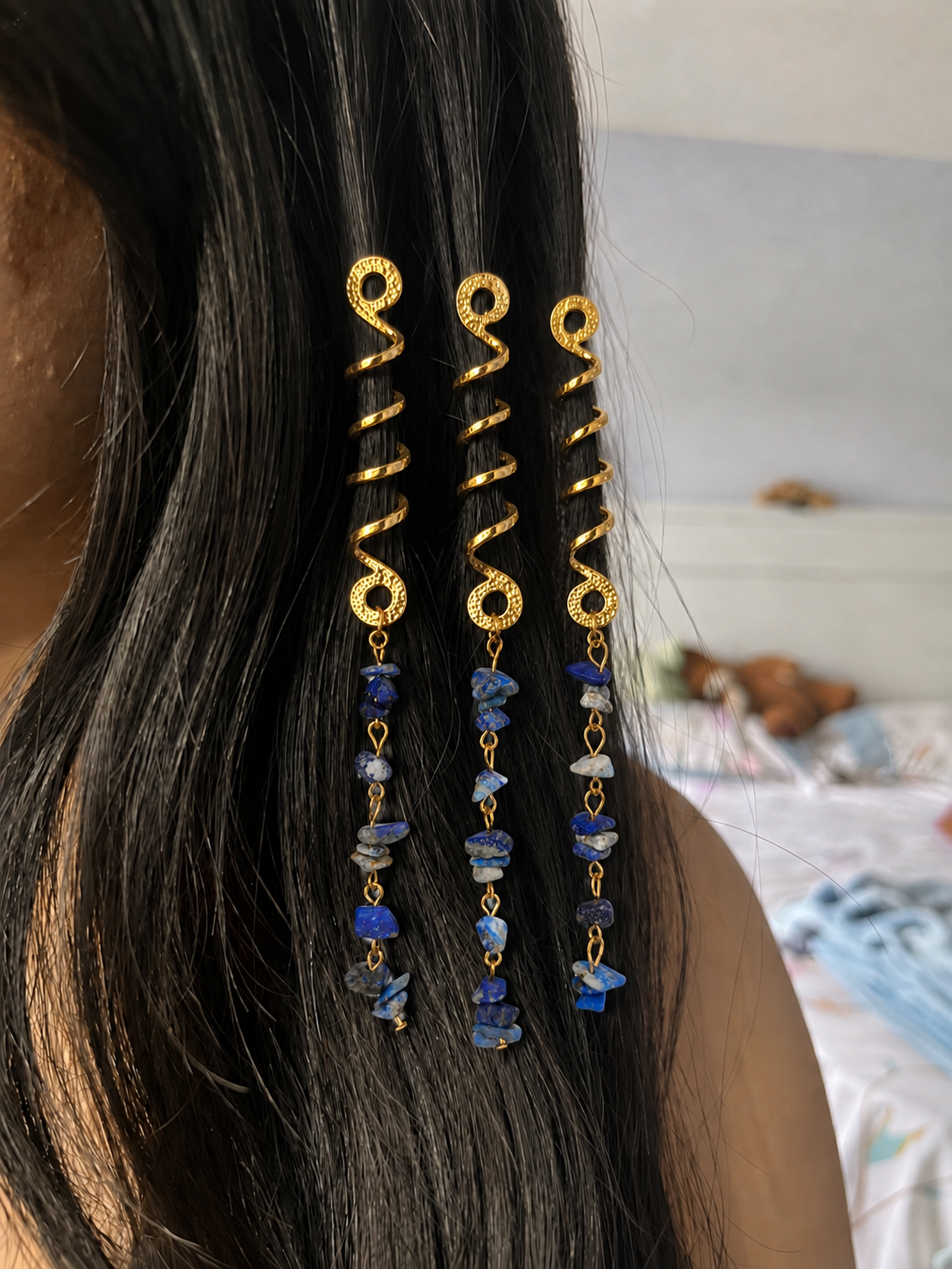 Long Spiral Blue Stone Chip Hair Braidlet | Stylika