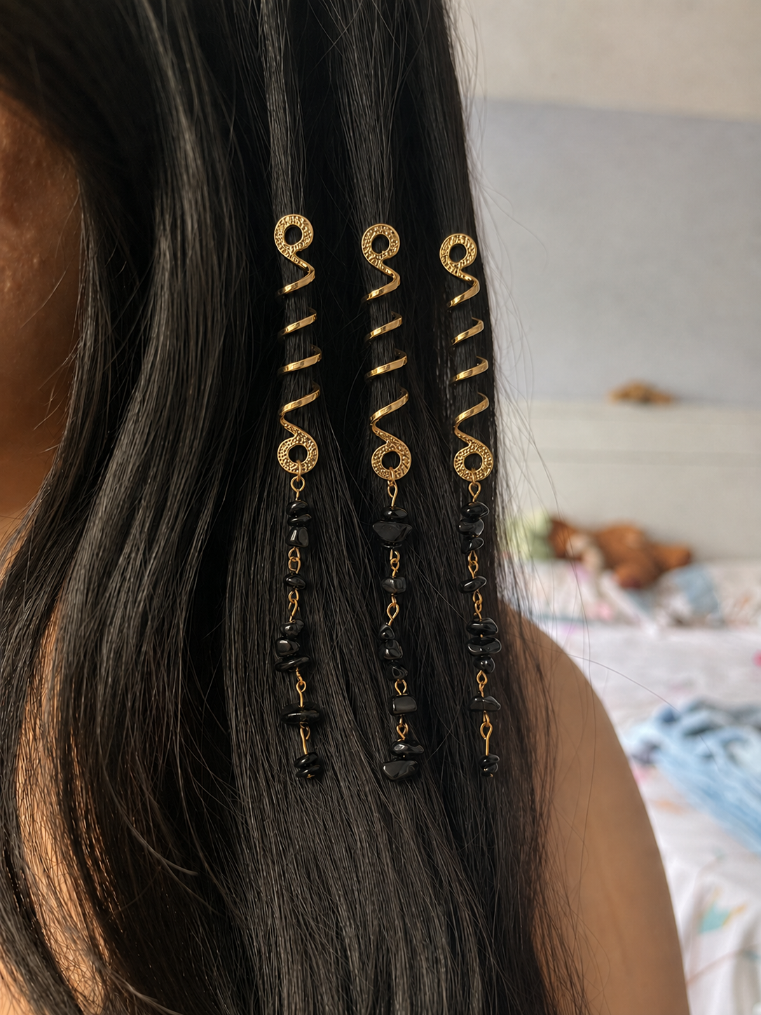 Long Spiral Black Stone Chip Hair Braidlet | Stylika