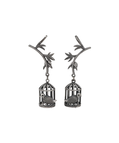 Birdcage and Branch Drop Oxidised Earrings | Stylika