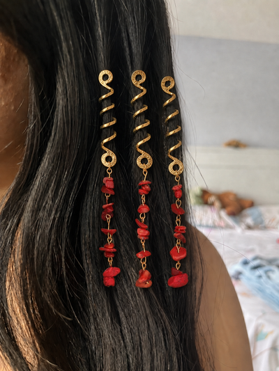 Long Spiral Red Stone Chip Hair Braidlet | Stylika