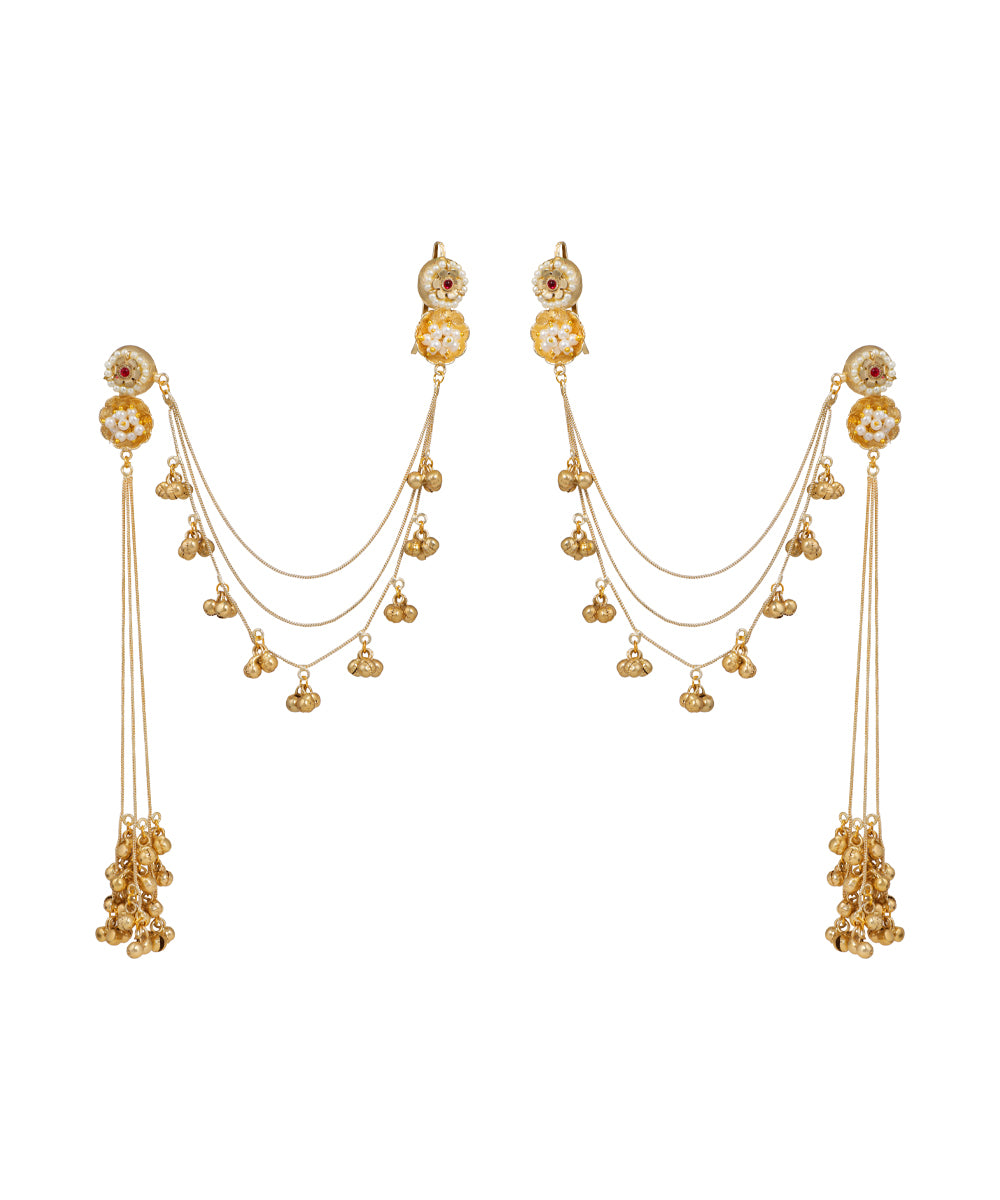 Festive Floral Ghungroo Drop Kaan Chain Earrings | Stylika