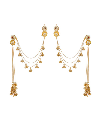 Festive Floral Ghungroo Drop Kaan Chain Earrings | Stylika