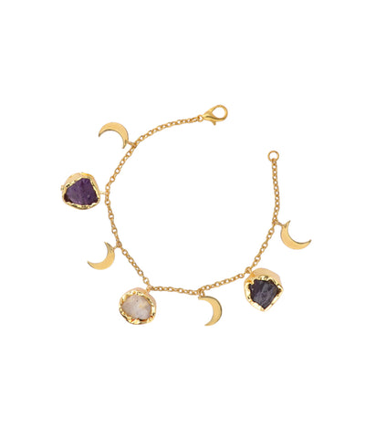 Crescent Charm Uncut Rough Stone Chain Bracelet | Stylika