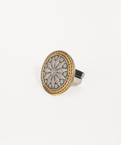 Dual-tone oxidised statement ring with intricate mandala design and floral detailing