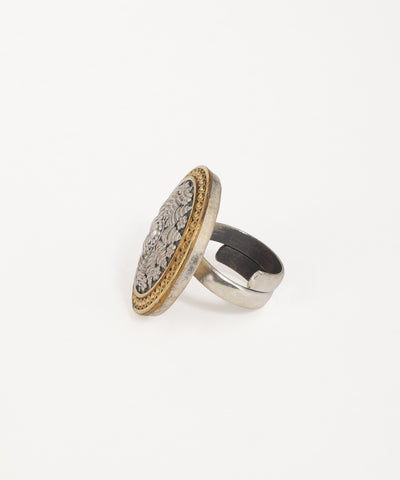 Oxidised silver mandala ring featuring dual-tone floral filigree accents