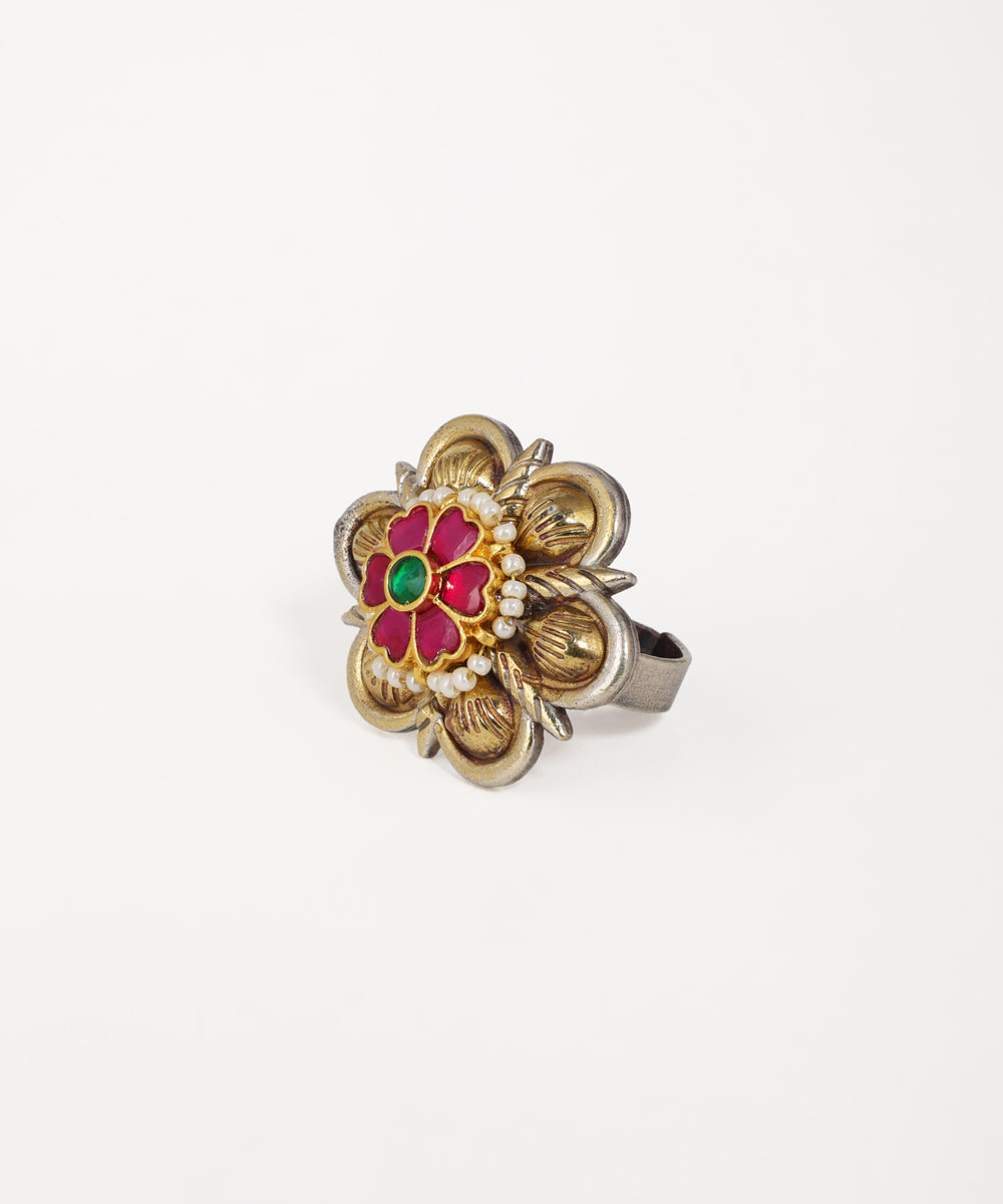 Vibrant floral oxidised ring with multicolor stone accents and intricate detailing