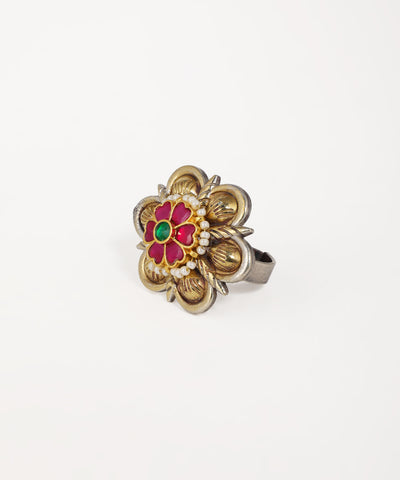 Vibrant floral oxidised ring with multicolor stone accents and intricate detailing