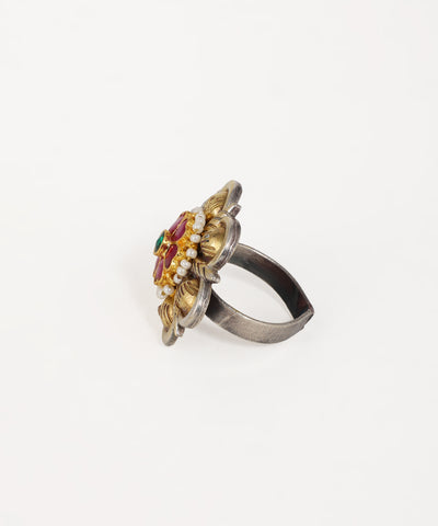 Oxidised floral statement ring featuring colorful gemstone embellishments