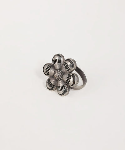 Statement oxidised ring with textured floral design and intricate metal detailing