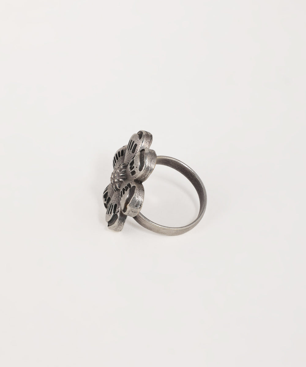 Oxidised floral statement ring featuring ornate textured craftsmanship