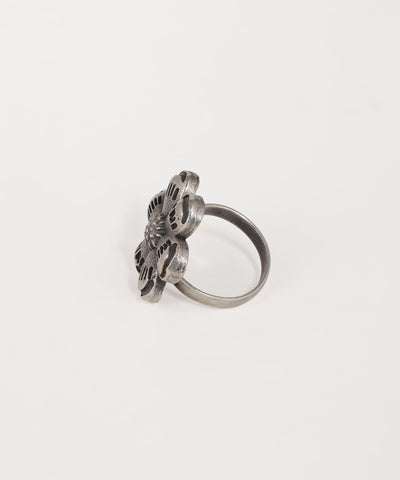 Oxidised floral statement ring featuring ornate textured craftsmanship