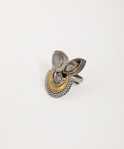 Oxidised crescent statement ring with intricate filigree detailing