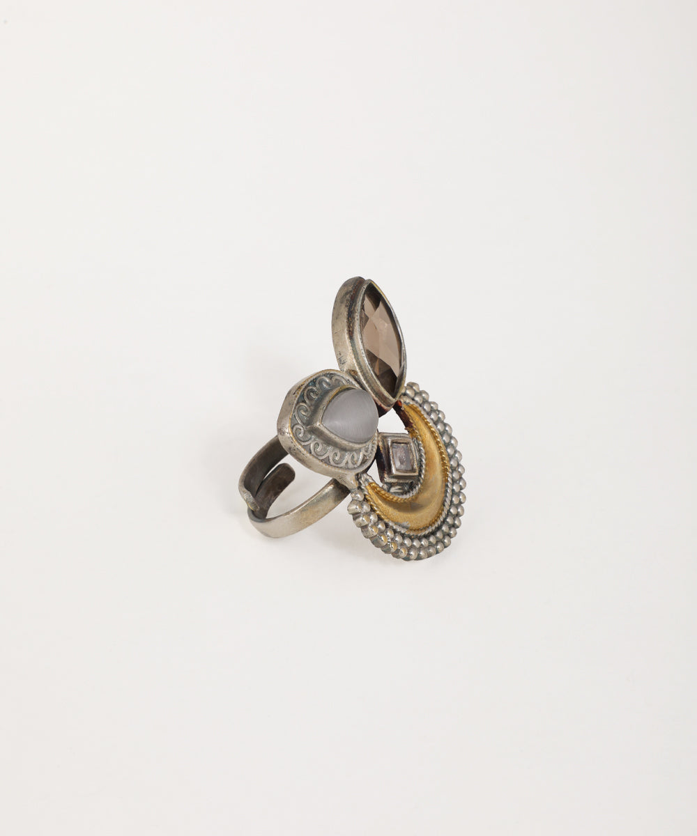 Traditional oxidised crescent moon ring featuring ornate handcrafted metalwork