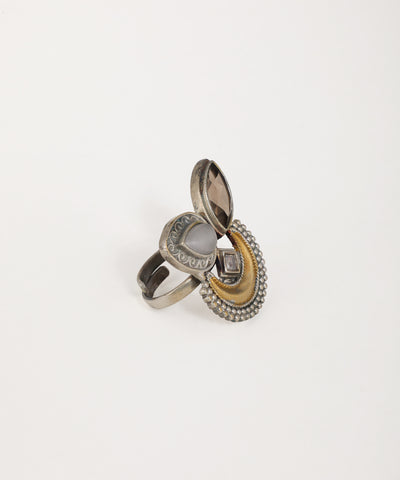 Traditional oxidised crescent moon ring featuring ornate handcrafted metalwork