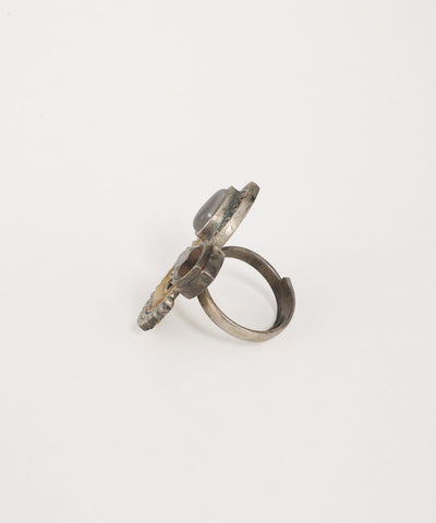 Statement oxidised ring with crescent design and intricate floral patterns