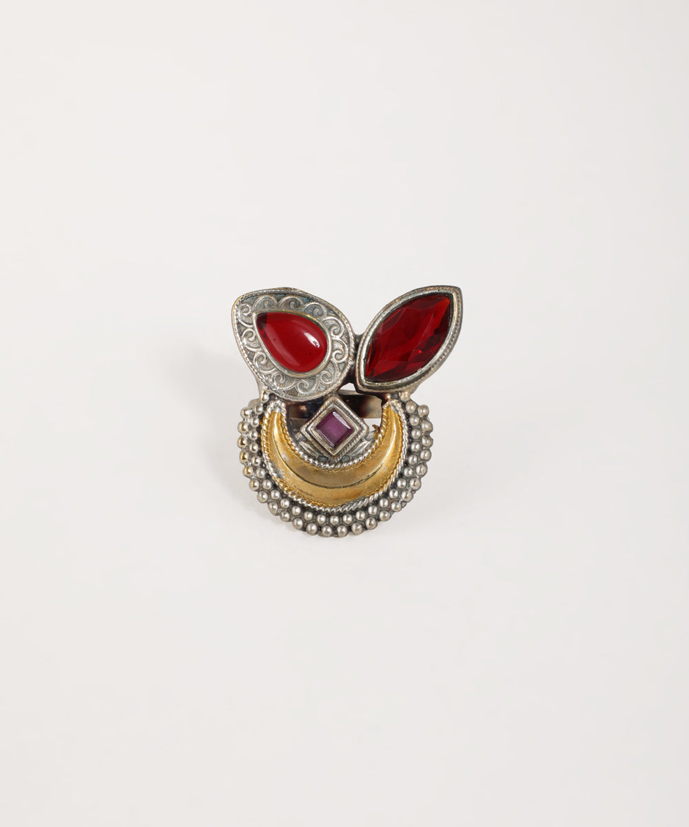 Ethnic crescent motif ring with oxidised silver finish and detailed engraving