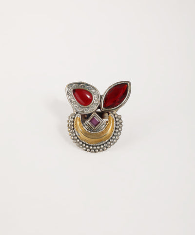 Ethnic crescent motif ring with oxidised silver finish and detailed engraving