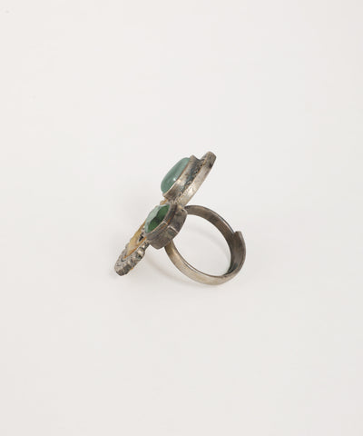 Bohemian crescent ring with intricate oxidised metal detailing