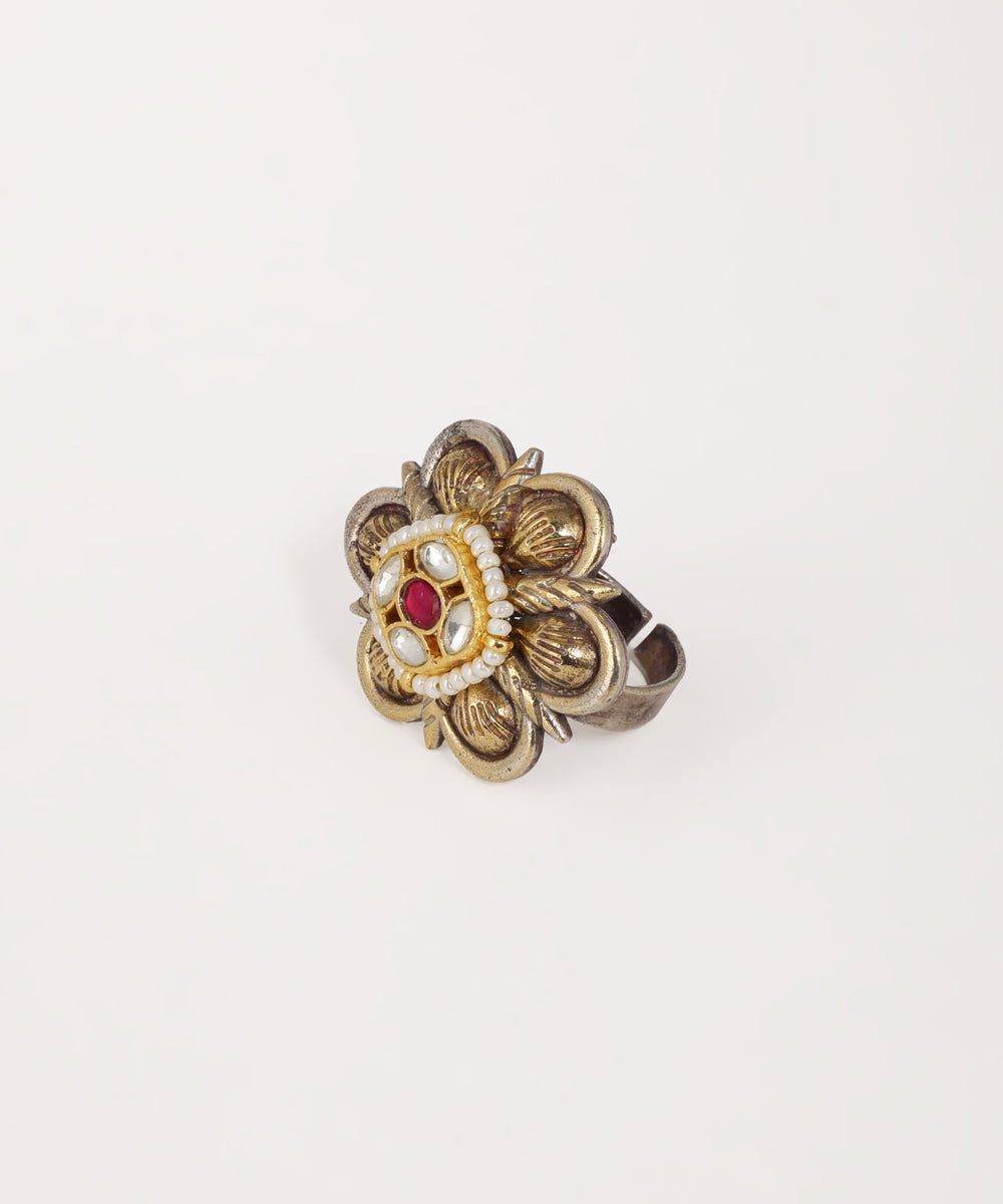 Oxidised floral statement ring featuring Kundan-style gemstone detailing