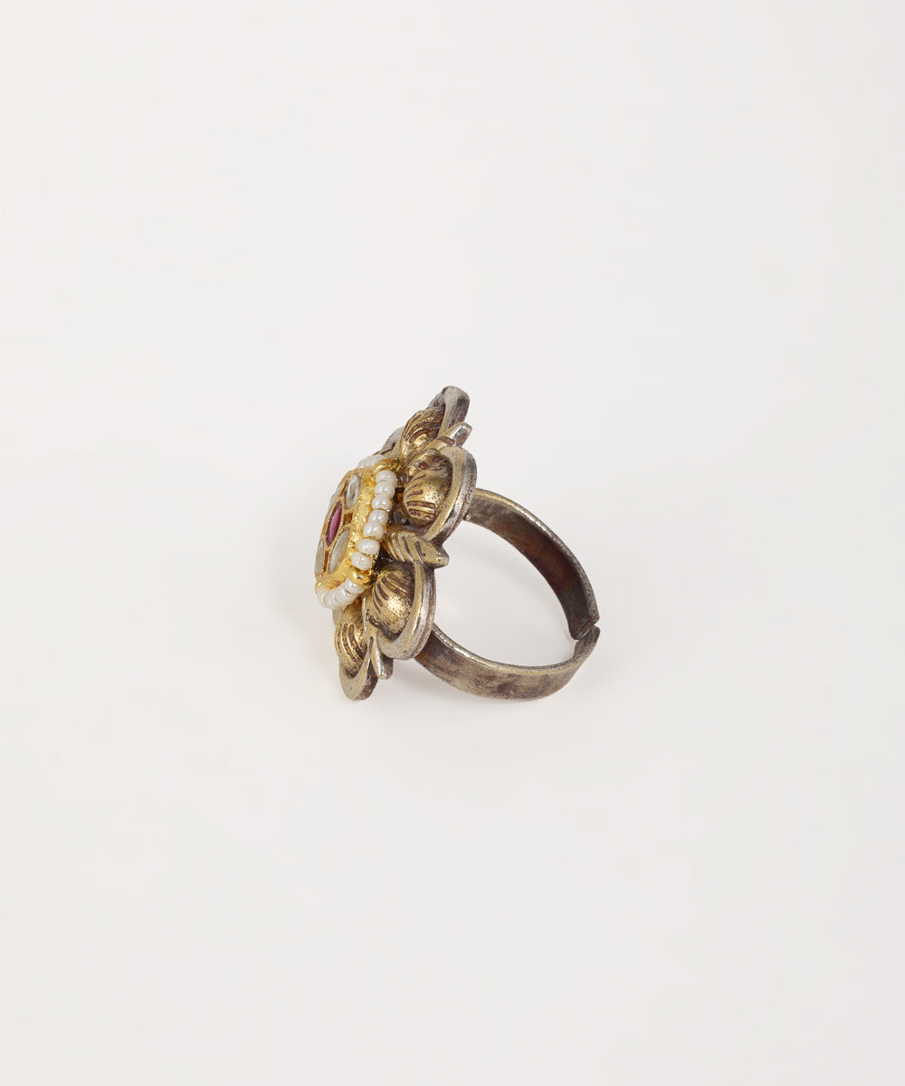 Kundan-inspired floral oxidised statement ring with colorful stone accents