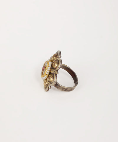 Kundan-inspired floral oxidised statement ring with colorful stone accents