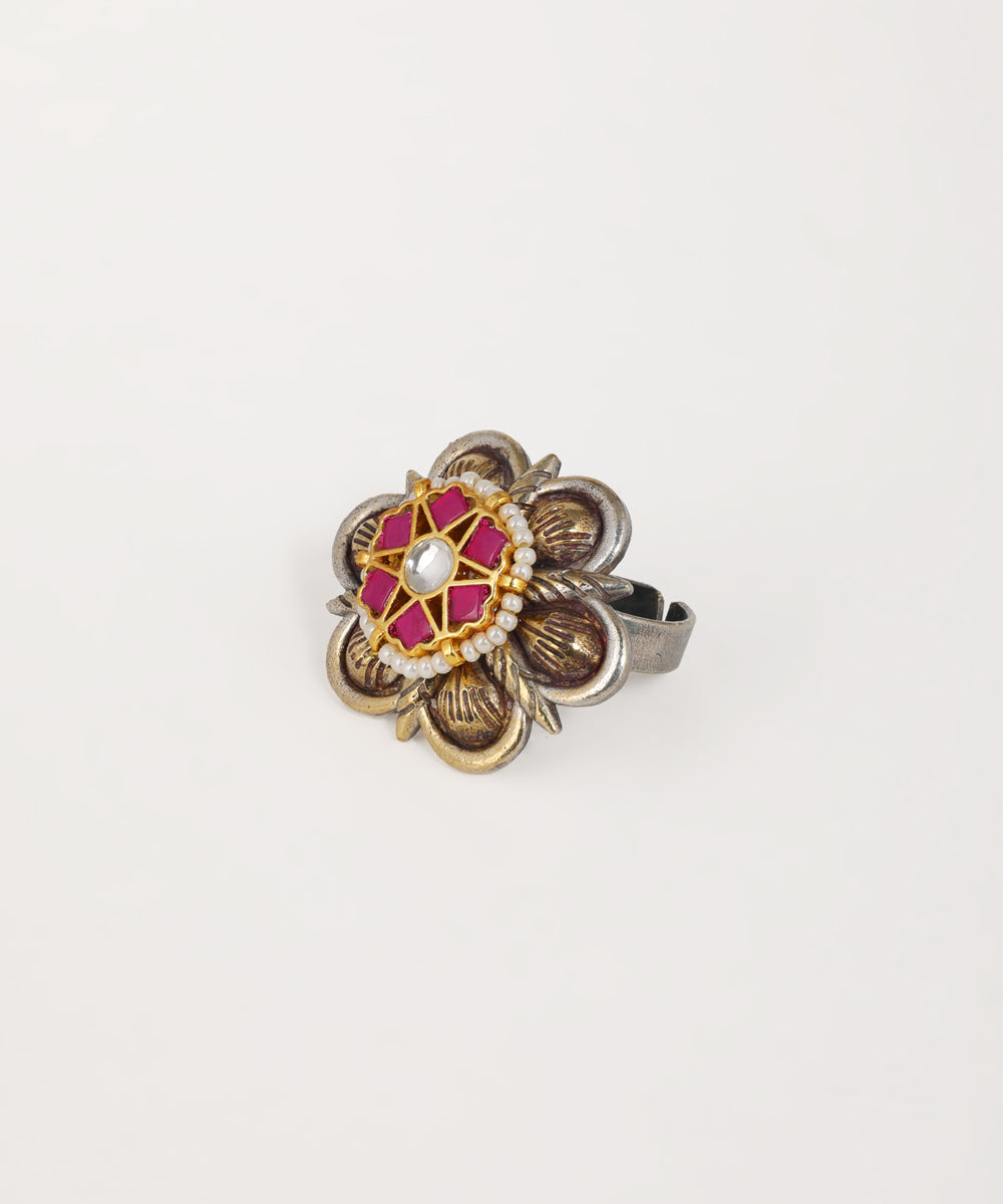 Oxidised floral statement ring featuring dual-tone metalwork and ornate design