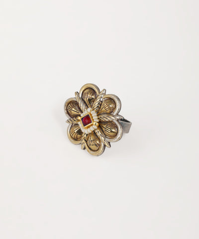 Intricate floral oxidised ring with colorful stone embellishment and ornate detailing