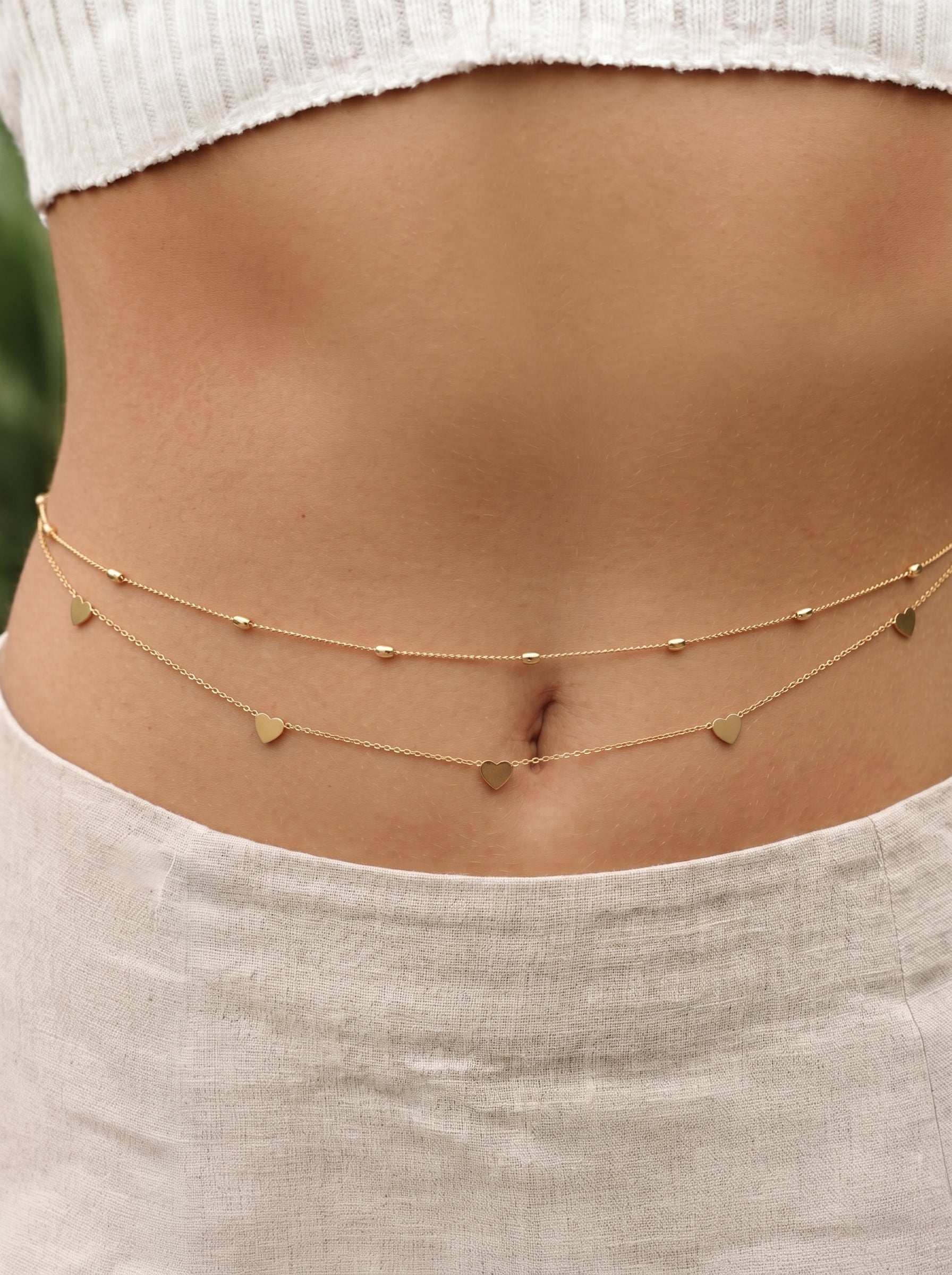 Delicate Layered Heart Charm & Bead Waist Chain | Stylika