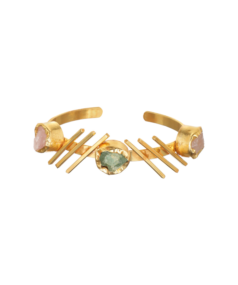 Linear Bar Uncut Rough Stone Open Cuff Bracelet | Stylika