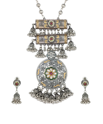 Floral Medallion Oxidised Pendant Necklace Set | Stylika