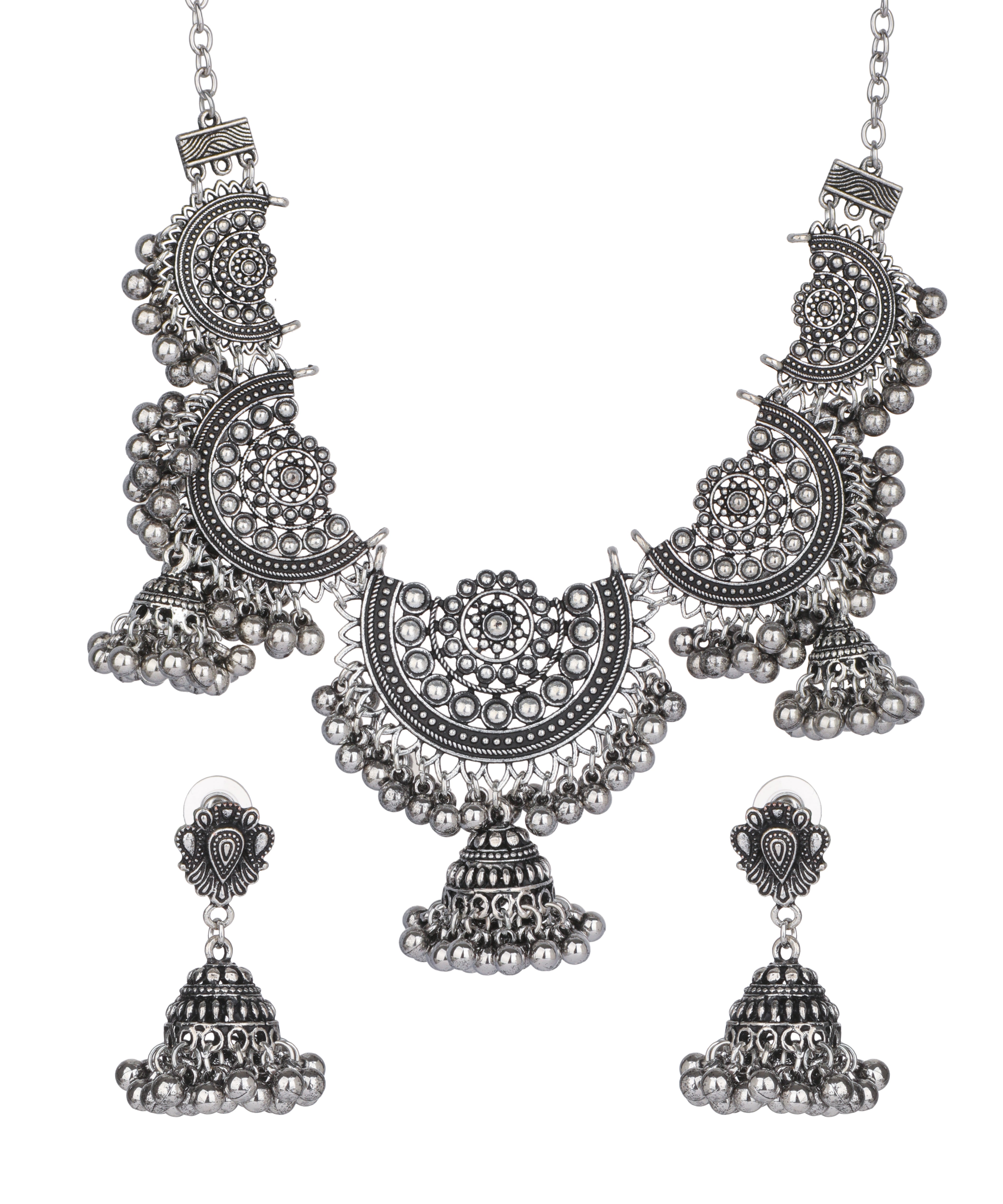 Crescent Jhumki Oxidised Necklace Set | Stylika