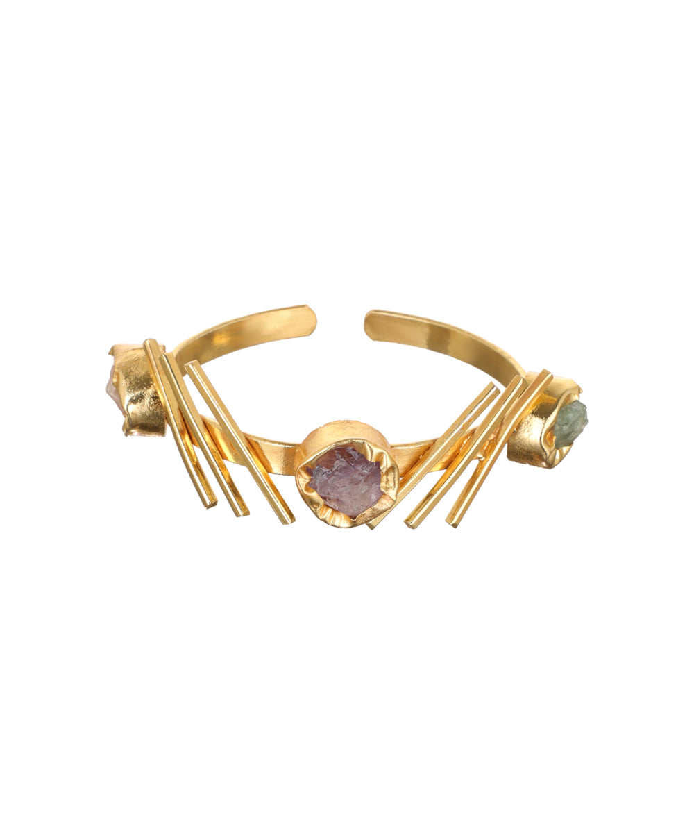 Linear Bar Uncut Rough Stone Open Cuff Bracelet | Stylika