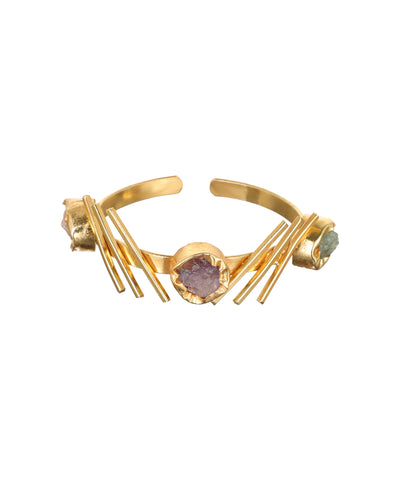 Linear Bar Uncut Rough Stone Open Cuff Bracelet | Stylika