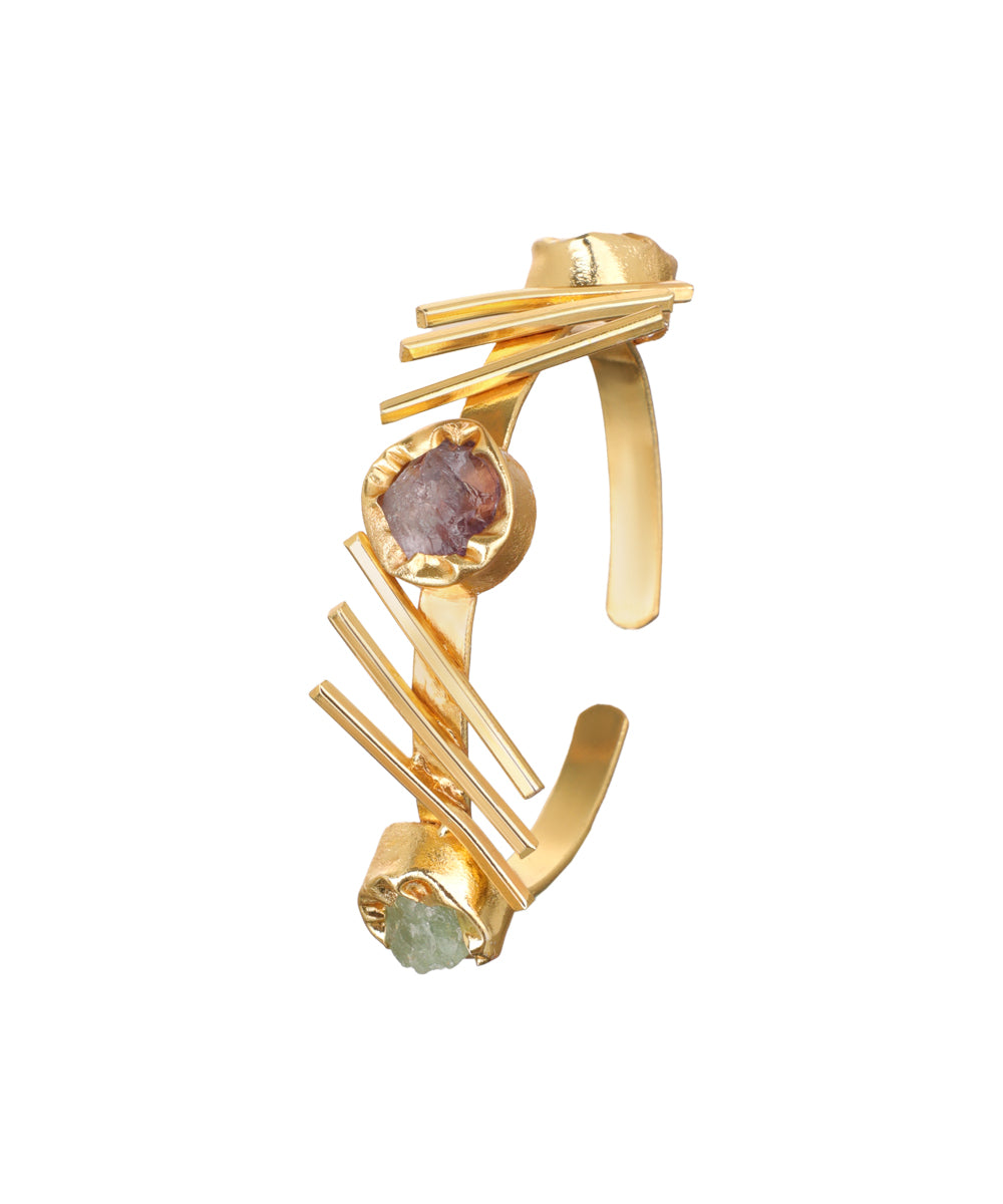 Linear Bar Uncut Rough Stone Open Cuff Bracelet | Stylika