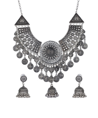 Coin Fringe Oxidised Necklace Set | Stylika