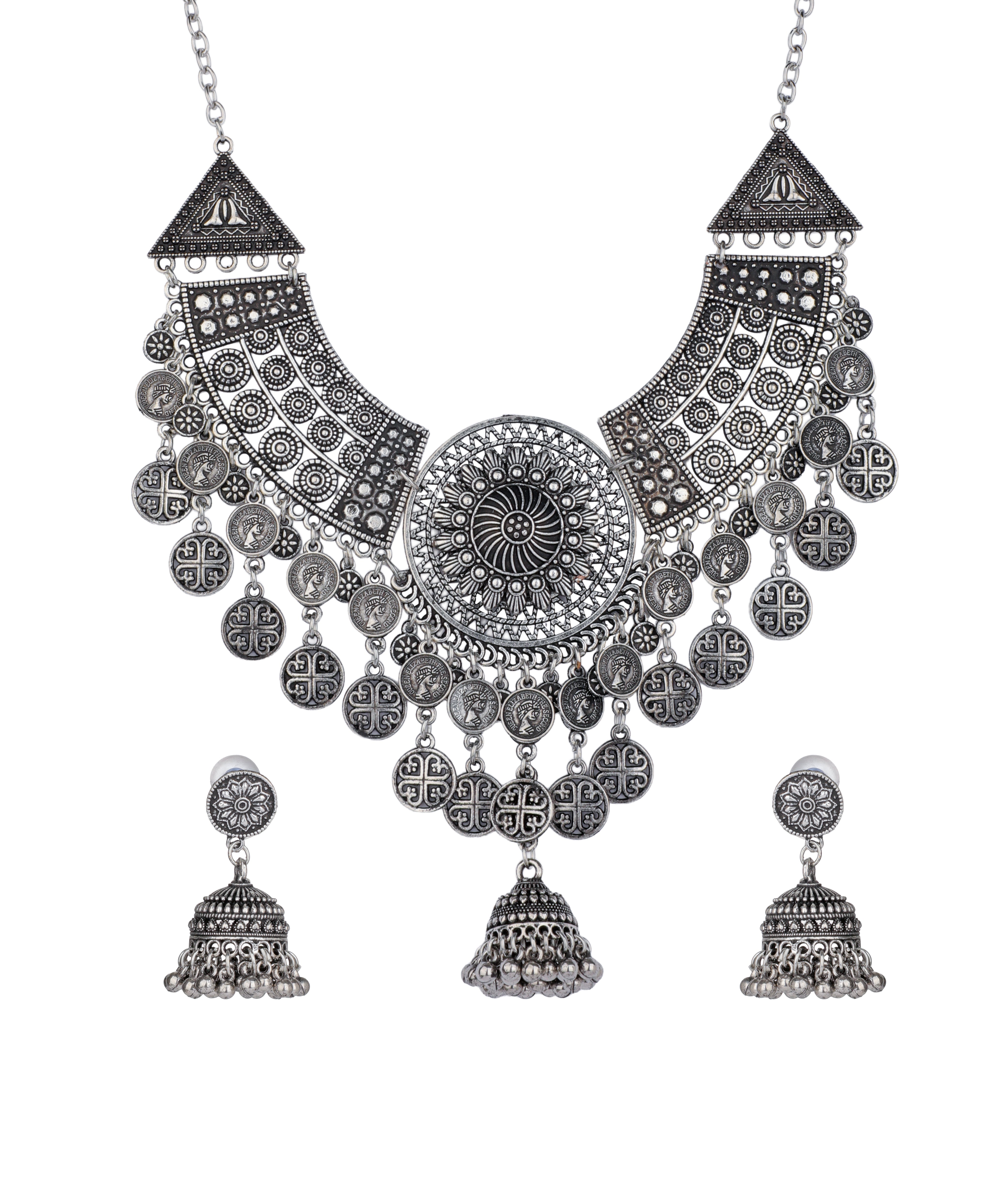 Coin Fringe Oxidised Necklace Set | Stylika