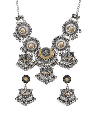 Rosette Fringe Oxidised Necklace Set | Stylika