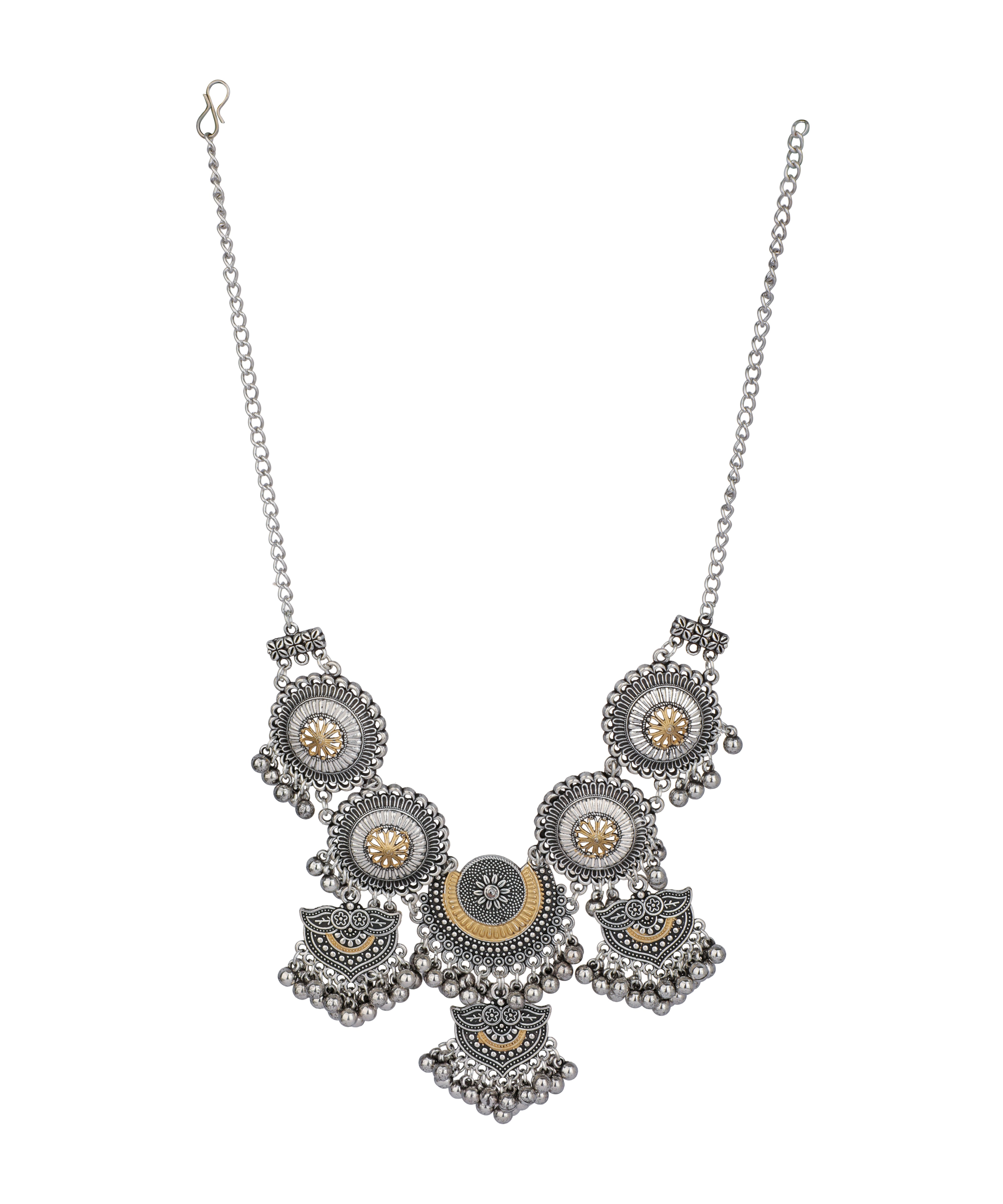 Rosette Fringe Oxidised Necklace Set | Stylika