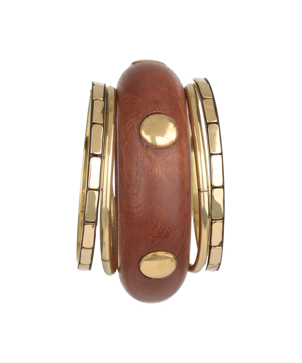 Layered Wooden Kada with Metallic Accents Bracelet | Stylika