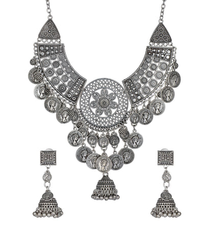 Rosette Coin Oxidised Necklace Set | Stylika
