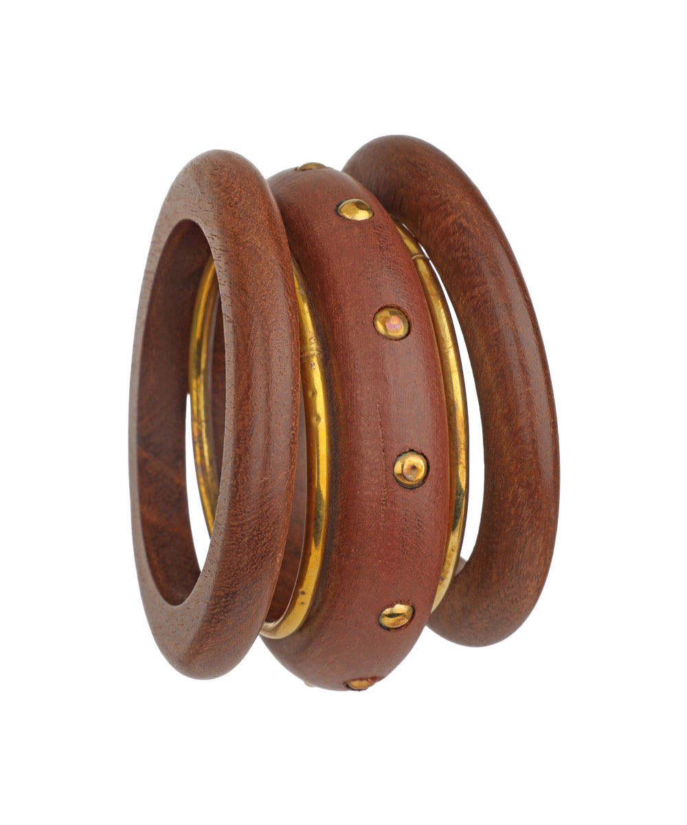Layered Wood and Metal Tone Bangle Set | Stylika