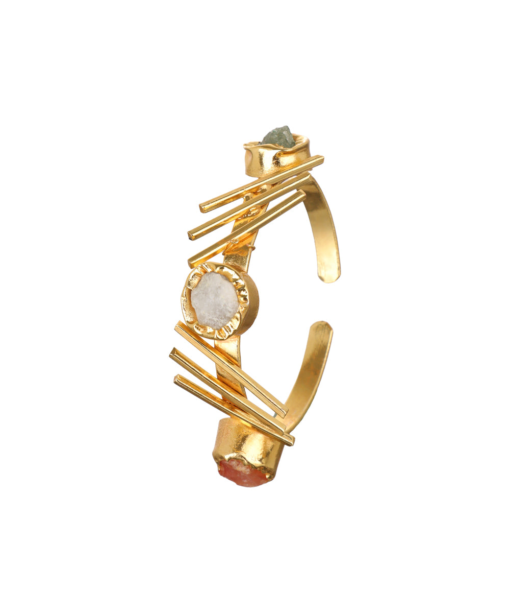 Linear Bar Uncut Rough Stone Open Cuff Bracelet | Stylika
