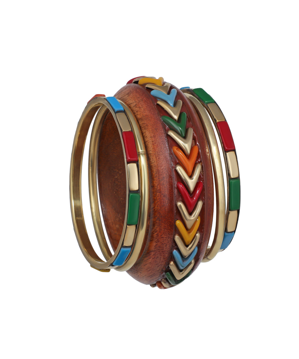 Statement Multi-Band Wooden Kada with Stacked Bangles | Stylika
