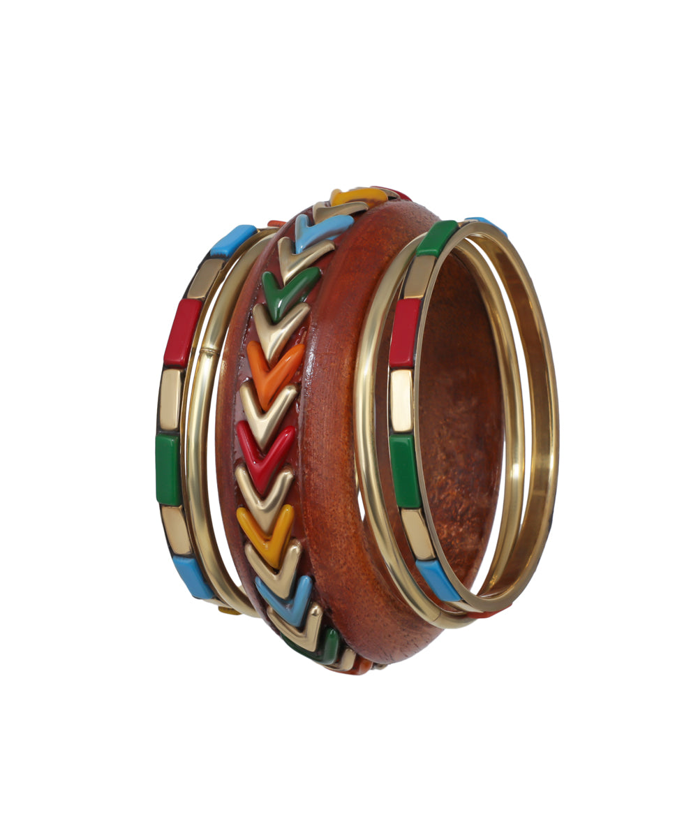 Statement Multi-Band Wooden Kada with Stacked Bangles | Stylika