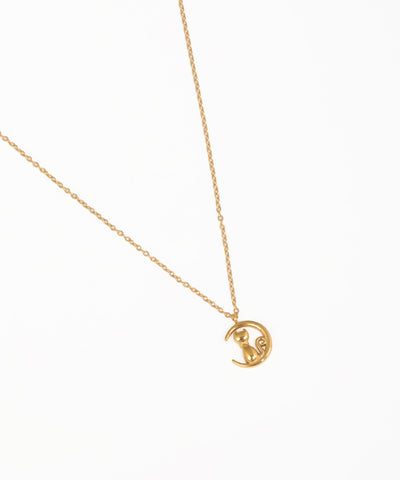 Celestial cat pendant necklace with crescent moon charm in gold finish
