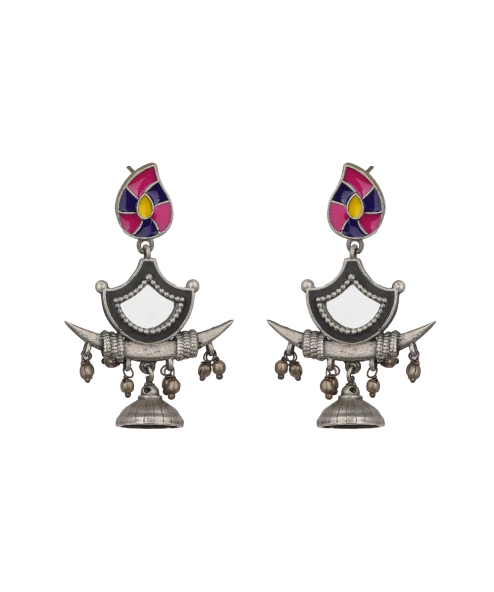 Enamel Motif Mirror Work Drop Earrings | Stylika