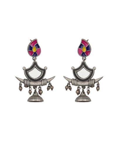 Enamel Motif Mirror Work Drop Earrings | Stylika