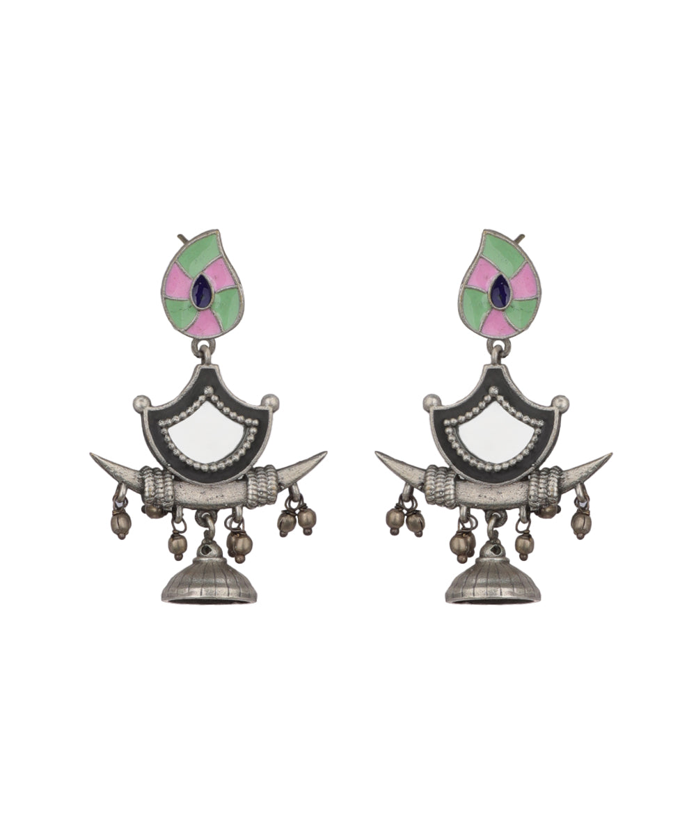 Enamel Motif Mirror Work Drop Earrings | Stylika