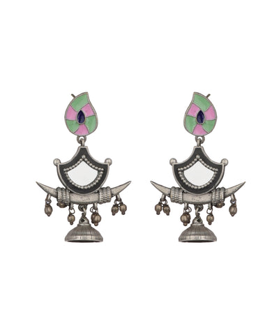 Enamel Motif Mirror Work Drop Earrings | Stylika